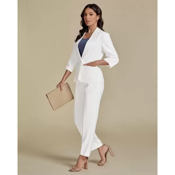imageluvamia Pant Suits for Women Dressy 2 Piece Business Casual Outfits 34 Sleeve Blazer Straight Leg Pant Sets Office WorkCream White