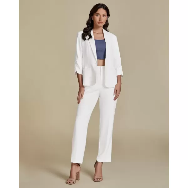 imageluvamia Pant Suits for Women Dressy 2 Piece Business Casual Outfits 34 Sleeve Blazer Straight Leg Pant Sets Office WorkCream White