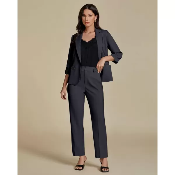 imageluvamia Pant Suits for Women Dressy 2 Piece Business Casual Outfits 34 Sleeve Blazer Straight Leg Pant Sets Office WorkDark Grey