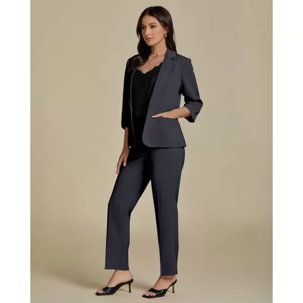 imageluvamia Pant Suits for Women Dressy 2 Piece Business Casual Outfits 34 Sleeve Blazer Straight Leg Pant Sets Office WorkDark Grey