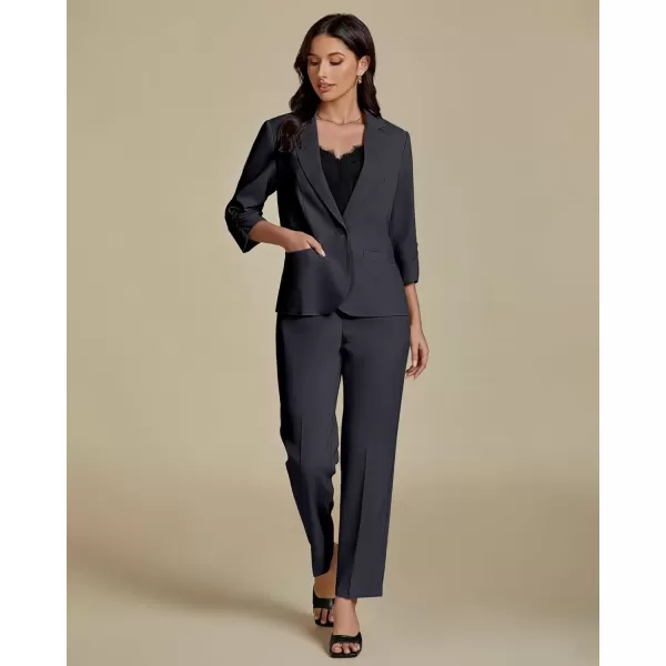 imageluvamia Pant Suits for Women Dressy 2 Piece Business Casual Outfits 34 Sleeve Blazer Straight Leg Pant Sets Office WorkDark Grey