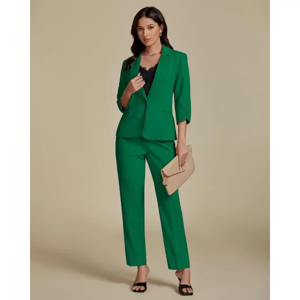 imageluvamia Pant Suits for Women Dressy 2 Piece Business Casual Outfits 34 Sleeve Blazer Straight Leg Pant Sets Office WorkGreen