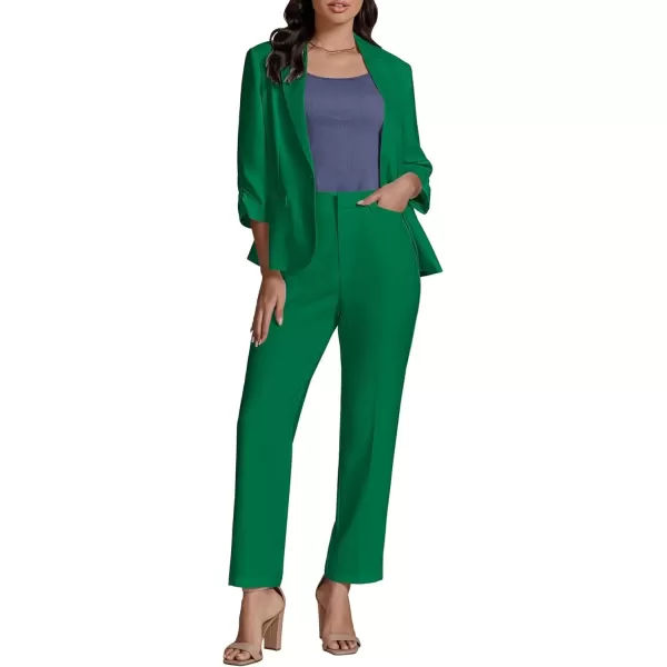 imageluvamia Pant Suits for Women Dressy 2 Piece Business Casual Outfits 34 Sleeve Blazer Straight Leg Pant Sets Office WorkGreen