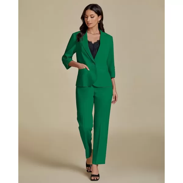 imageluvamia Pant Suits for Women Dressy 2 Piece Business Casual Outfits 34 Sleeve Blazer Straight Leg Pant Sets Office WorkGreen