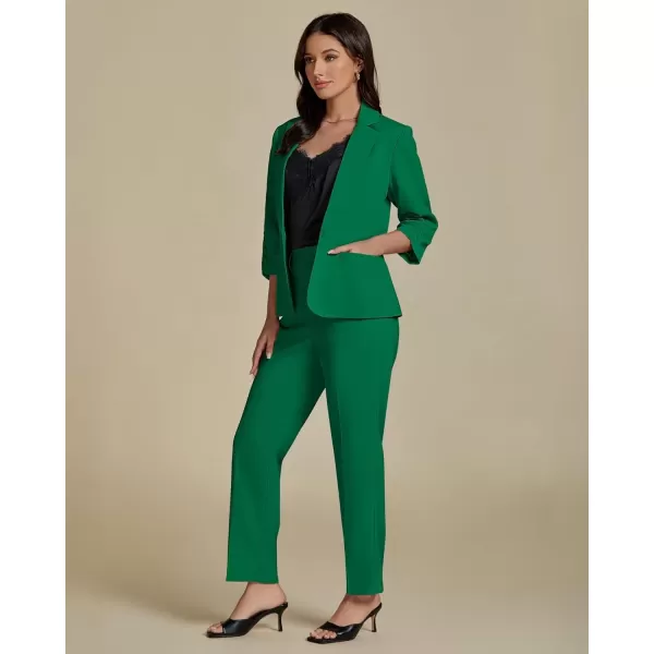 imageluvamia Pant Suits for Women Dressy 2 Piece Business Casual Outfits 34 Sleeve Blazer Straight Leg Pant Sets Office WorkGreen