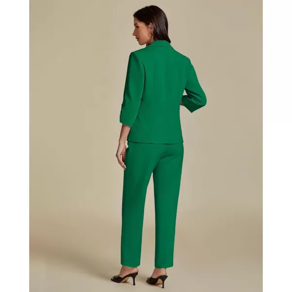 imageluvamia Pant Suits for Women Dressy 2 Piece Business Casual Outfits 34 Sleeve Blazer Straight Leg Pant Sets Office WorkGreen