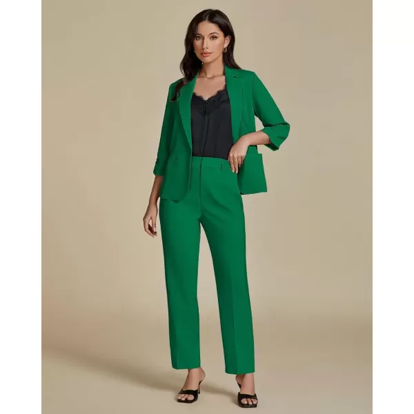 imageluvamia Pant Suits for Women Dressy 2 Piece Business Casual Outfits 34 Sleeve Blazer Straight Leg Pant Sets Office WorkGreen