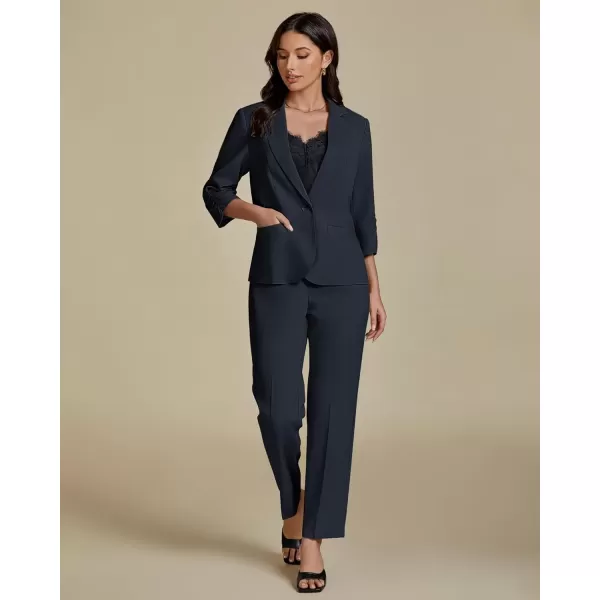 imageluvamia Pant Suits for Women Dressy 2 Piece Business Casual Outfits 34 Sleeve Blazer Straight Leg Pant Sets Office WorkNavy Blue