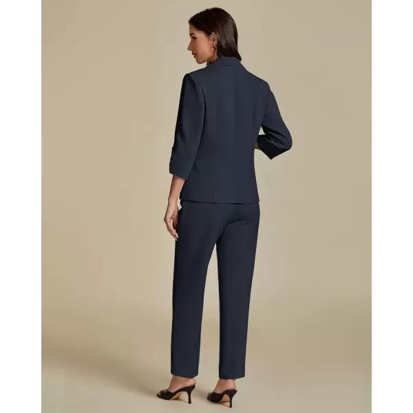 imageluvamia Pant Suits for Women Dressy 2 Piece Business Casual Outfits 34 Sleeve Blazer Straight Leg Pant Sets Office WorkNavy Blue