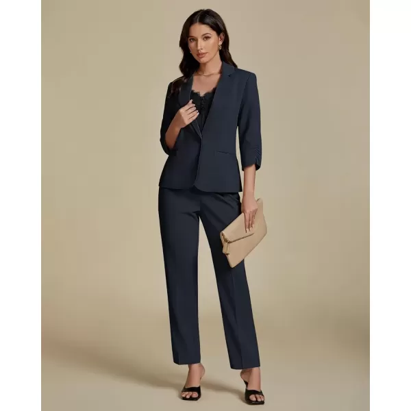 imageluvamia Pant Suits for Women Dressy 2 Piece Business Casual Outfits 34 Sleeve Blazer Straight Leg Pant Sets Office WorkNavy Blue