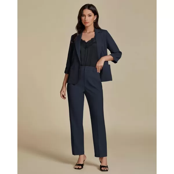 imageluvamia Pant Suits for Women Dressy 2 Piece Business Casual Outfits 34 Sleeve Blazer Straight Leg Pant Sets Office WorkNavy Blue