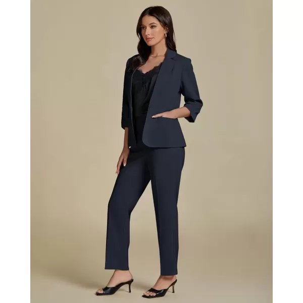 imageluvamia Pant Suits for Women Dressy 2 Piece Business Casual Outfits 34 Sleeve Blazer Straight Leg Pant Sets Office WorkNavy Blue