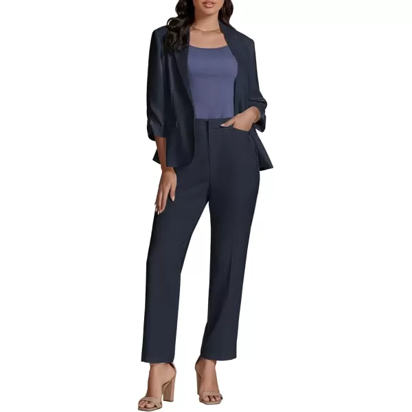 imageluvamia Pant Suits for Women Dressy 2 Piece Business Casual Outfits 34 Sleeve Blazer Straight Leg Pant Sets Office WorkNavy Blue