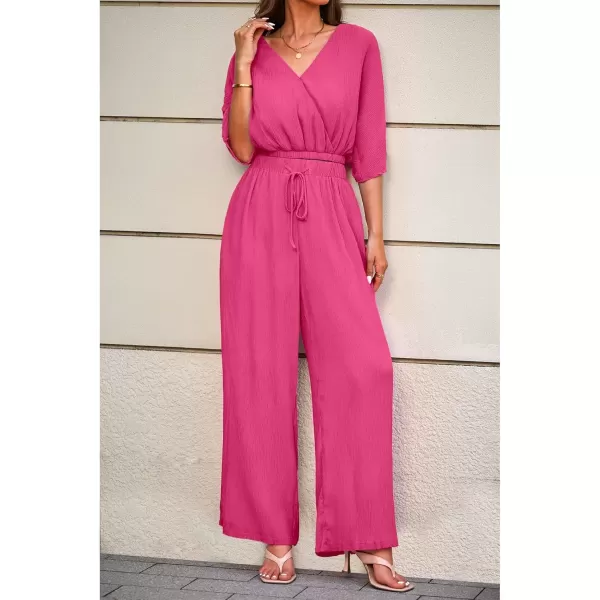 imageluvamia 2 Piece Outfits for Women Summer 2024 Faux Wrap Crop Top Elastic High Waisted Wide Leg Pants Set Beach VacationHot Pink