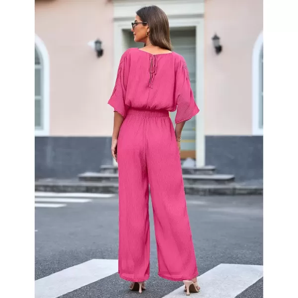 imageluvamia 2 Piece Outfits for Women Summer 2024 Faux Wrap Crop Top Elastic High Waisted Wide Leg Pants Set Beach VacationHot Pink