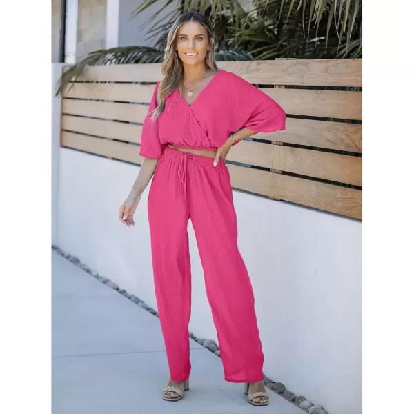 imageluvamia 2 Piece Outfits for Women Summer 2024 Faux Wrap Crop Top Elastic High Waisted Wide Leg Pants Set Beach VacationHot Pink