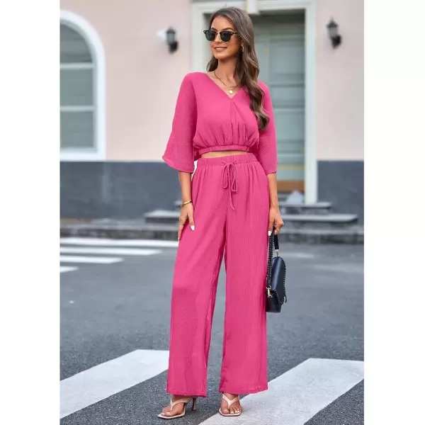 imageluvamia 2 Piece Outfits for Women Summer 2024 Faux Wrap Crop Top Elastic High Waisted Wide Leg Pants Set Beach VacationHot Pink