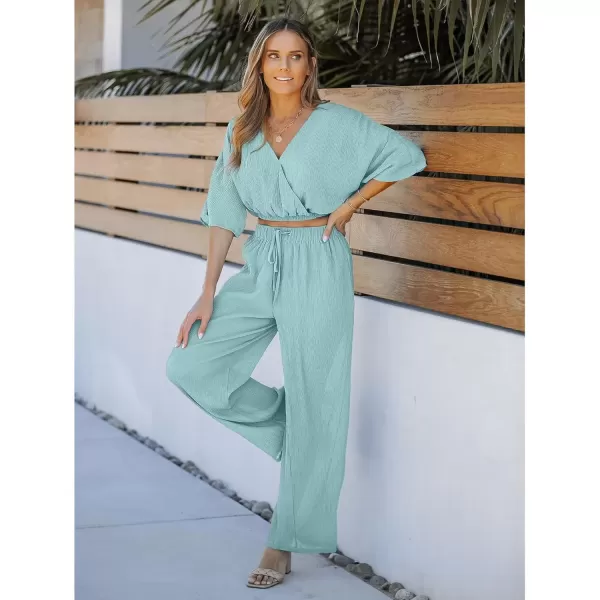 imageluvamia 2 Piece Outfits for Women Summer 2024 Faux Wrap Crop Top Elastic High Waisted Wide Leg Pants Set Beach VacationMisty Green