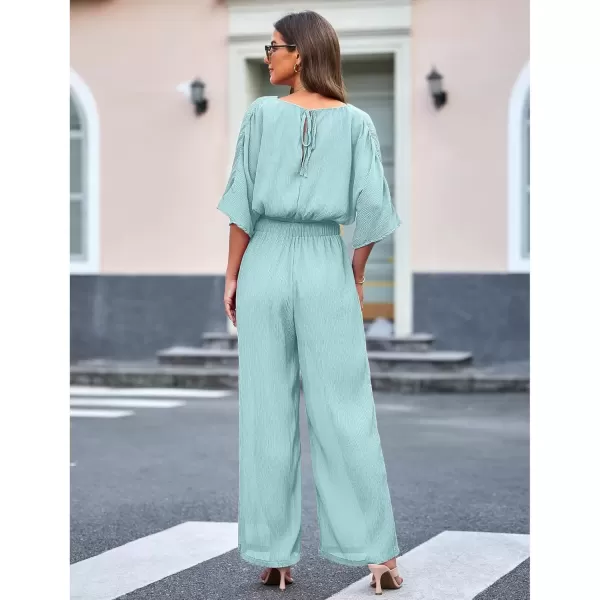 imageluvamia 2 Piece Outfits for Women Summer 2024 Faux Wrap Crop Top Elastic High Waisted Wide Leg Pants Set Beach VacationMisty Green