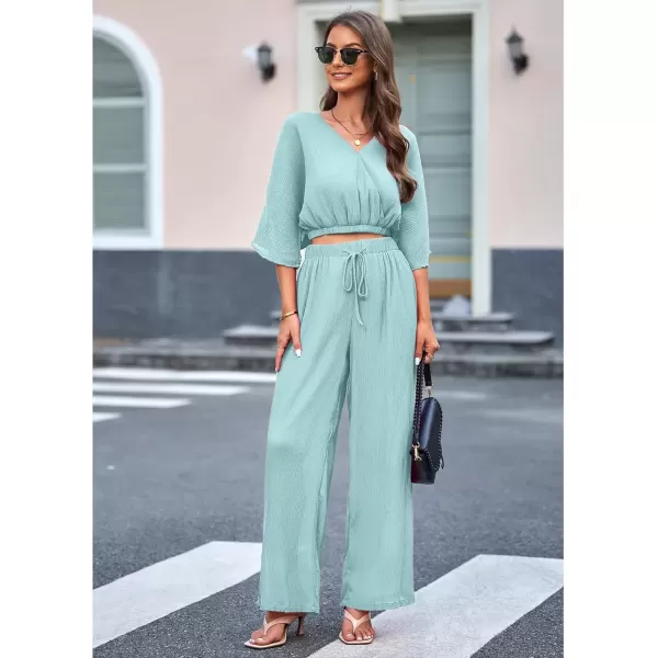 imageluvamia 2 Piece Outfits for Women Summer 2024 Faux Wrap Crop Top Elastic High Waisted Wide Leg Pants Set Beach VacationMisty Green