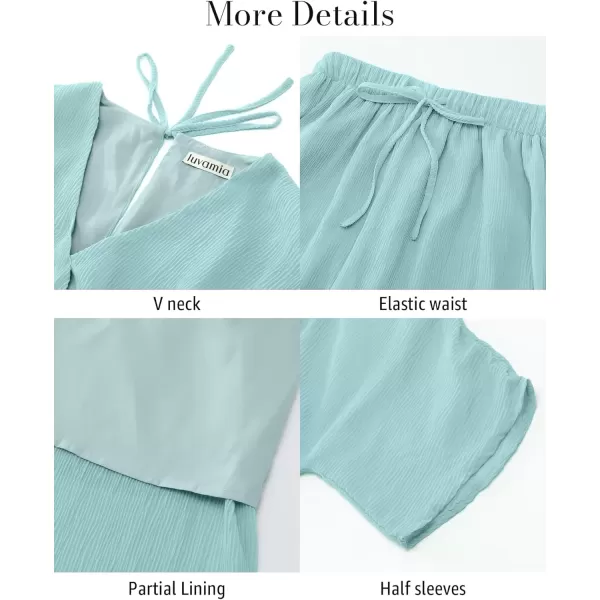 imageluvamia 2 Piece Outfits for Women Summer 2024 Faux Wrap Crop Top Elastic High Waisted Wide Leg Pants Set Beach VacationMisty Green