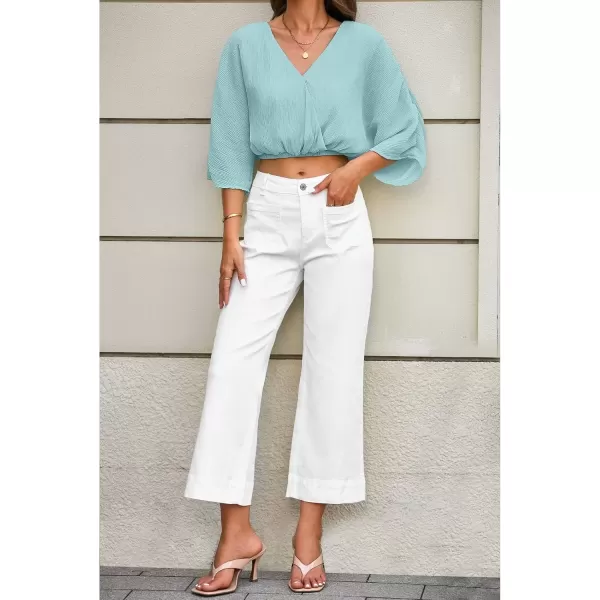 imageluvamia 2 Piece Outfits for Women Summer 2024 Faux Wrap Crop Top Elastic High Waisted Wide Leg Pants Set Beach VacationMisty Green