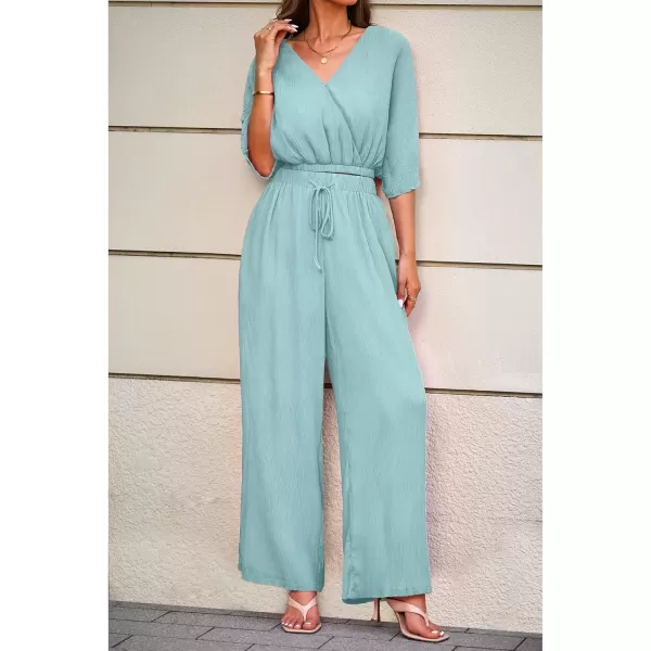 imageluvamia 2 Piece Outfits for Women Summer 2024 Faux Wrap Crop Top Elastic High Waisted Wide Leg Pants Set Beach VacationMisty Green