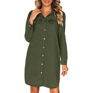 imageluvamia Denim Dress for Women 2024 Jean Spring Dressescowgirl Western Casual Long Sleeve Button Down Dress with PocketsArmy Green