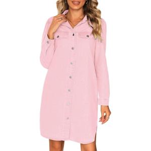 imageluvamia Denim Dress for Women 2024 Jean Spring Dressescowgirl Western Casual Long Sleeve Button Down Dress with PocketsBaby Pink