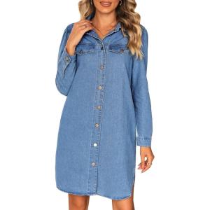 imageluvamia Denim Dress for Women 2024 Jean Spring Dressescowgirl Western Casual Long Sleeve Button Down Dress with PocketsClassic Blue