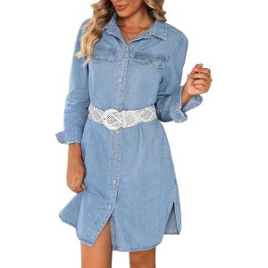 imageluvamia Denim Dress for Women 2024 Jean Spring Dressescowgirl Western Casual Long Sleeve Button Down Dress with PocketsMedium Blue