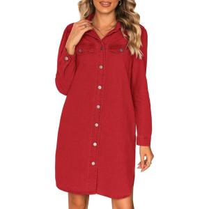 imageluvamia Denim Dress for Women 2024 Jean Spring Dressescowgirl Western Casual Long Sleeve Button Down Dress with PocketsRed