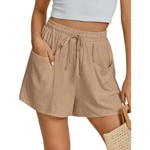 imageluvamia Linen Shorts for Women Trendy High Waisted Casual Summer Pull On Drawstring Beach Loost Fit Shorts with PocketsAlmond