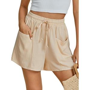 imageluvamia Linen Shorts for Women Trendy High Waisted Casual Summer Pull On Drawstring Beach Loost Fit Shorts with PocketsBeige