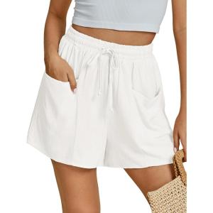 imageluvamia Linen Shorts for Women Trendy High Waisted Casual Summer Pull On Drawstring Beach Loost Fit Shorts with PocketsCream White