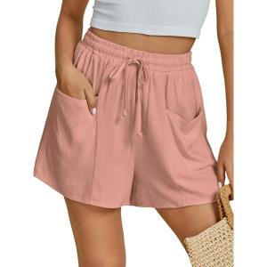 imageluvamia Linen Shorts for Women Trendy High Waisted Casual Summer Pull On Drawstring Beach Loost Fit Shorts with PocketsPink