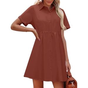 imageluvamia Shirt Dresses for Women Button Down Babydoll Collared Swing A Line Short Tunic DressBurnt Ochre