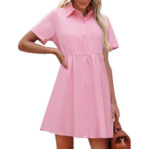 imageluvamia Shirt Dresses for Women Button Down Babydoll Collared Swing A Line Short Tunic DressCandy Pink