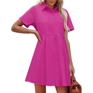 imageluvamia Shirt Dresses for Women Button Down Babydoll Collared Swing A Line Short Tunic DressHot Pink