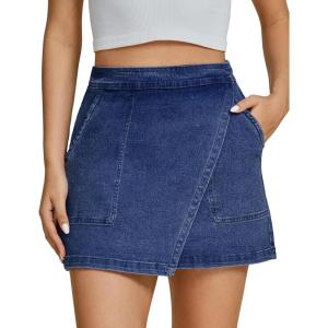 imageluvamia Jean Skirts for Women Denim Mini Trendy High Waisted Stretchy Asymmetrical Faux Wrap Short Skirt with PocketsClassic Blue