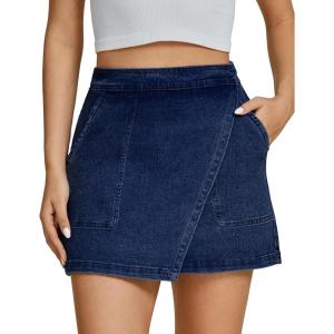 imageluvamia Jean Skirts for Women Denim Mini Trendy High Waisted Stretchy Asymmetrical Faux Wrap Short Skirt with PocketsDarkness Blue