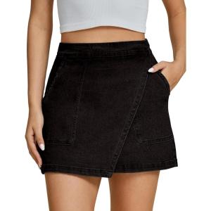 imageluvamia Jean Skirts for Women Denim Mini Trendy High Waisted Stretchy Asymmetrical Faux Wrap Short Skirt with PocketsWashed Black