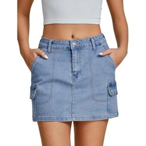 imageluvamia Jean Skirts for Women Denim Trendy High Waisted Mini Cargo Pockets Stretchy Short Skirt Country Concert OutfitsBay Blue