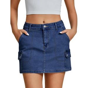 imageluvamia Jean Skirts for Women Denim Trendy High Waisted Mini Cargo Pockets Stretchy Short Skirt Country Concert OutfitsClassic Blue