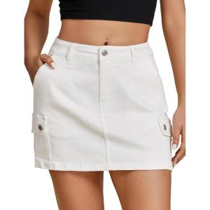 imageluvamia Jean Skirts for Women Denim Trendy High Waisted Mini Cargo Pockets Stretchy Short Skirt Country Concert OutfitsCream White