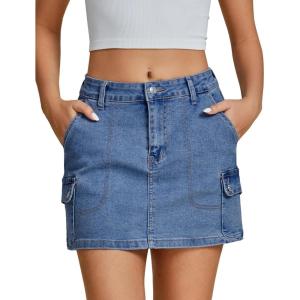 imageluvamia Jean Skirts for Women Denim Trendy High Waisted Mini Cargo Pockets Stretchy Short Skirt Country Concert OutfitsMedium Blue