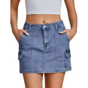 imageluvamia Jean Skirts for Women Denim Trendy High Waisted Mini Cargo Pockets Stretchy Short Skirt Country Concert OutfitsReef Blue