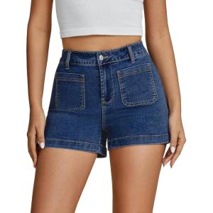 imageluvamia Jean Shorts for Women High Waisted Trendy Flat Pockets Cutoff Stretchy Denim Shorts Casual SummerDark Blue