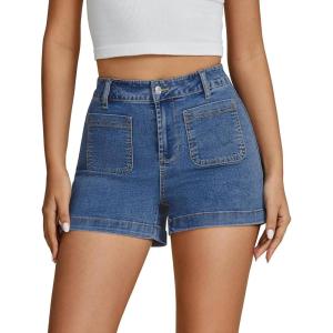 imageluvamia Jean Shorts for Women High Waisted Trendy Flat Pockets Cutoff Stretchy Denim Shorts Casual SummerMedium Blue