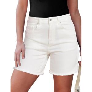 imageluvamia Jean Shorts for Women Trendy High Waisted Stretchy Denim Summer Casual Raw Hem Mom Long Shorts Cutoff JortsCream White